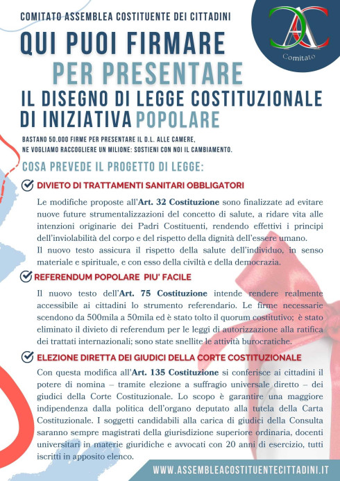 RACCOLTA FIRME PER PRESENTARE DISEGNO DI LEGGE COSTITUZIONALE DI INIZIATIVA P...