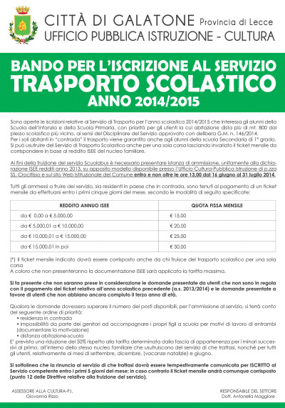 BANDO PER L’ISCRIZIONE AL SERVIZIO TRASPORTO SCOLASTICO ANNO 2014/2015