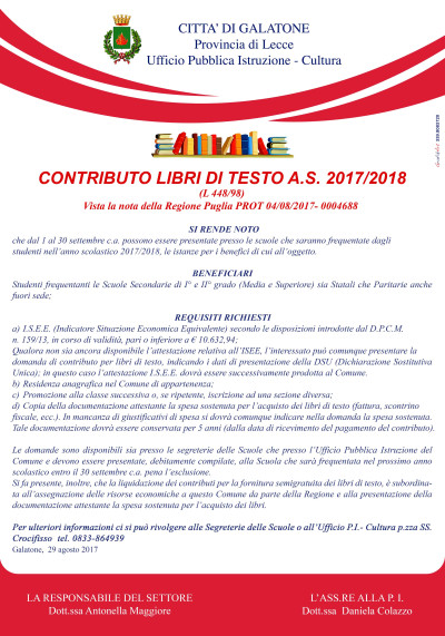 Contributo libri di testo anno scolastico 2017/2018