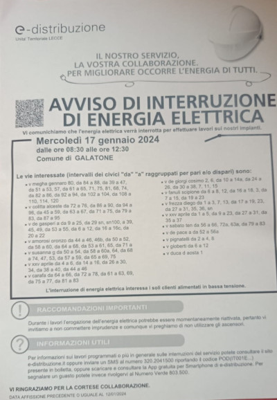 AVVISO DI INTERRUZIONE ENERGIA ELETTRICA