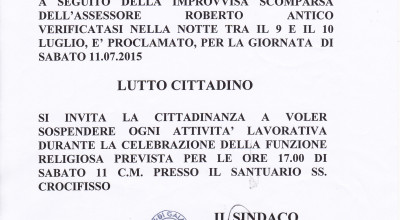 Sabato 11 luglio LUTTO CITTADINO