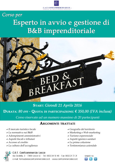 Corso di formazione per “ESPERTO IN AVVIO E GESTIONE DI B&B IMPREND...