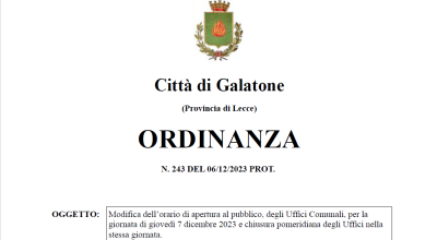 Ordinanza Sidacale n. 243/2023 Modifica dell'orario di apertura al pubblico, ...