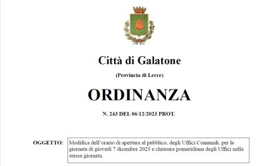 Ordinanza Sidacale n. 243/2023 Modifica dell'orario di apertura al pubblico, ...