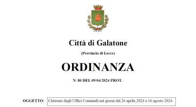 Chiusura degli Uffici Comunali nei giorni del 26 aprile 2024 e 16 agosto 2024.