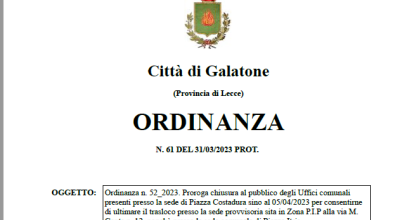 Ordinanza n. 52_2023. Proroga chiusura al pubblico degli Uffici comunali pres...