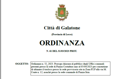 Ordinanza n. 52_2023. Proroga chiusura al pubblico degli Uffici comunali pres...