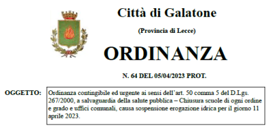 Chiusura Scuole e Uffici Comunali per il giorno 11 aprile 2023 causa sospensi...