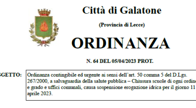 Chiusura Scuole e Uffici Comunali per il giorno 11 aprile 2023 causa sospensi...