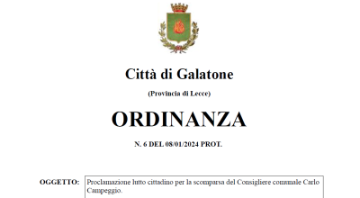 Proclamazione lutto cittadino per la scomparsa del Consigliere comunale Carlo...