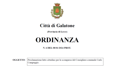 Proclamazione lutto cittadino per la scomparsa del Consigliere comunale Carlo...