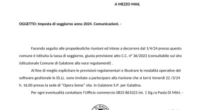 Imposta di soggiorno anno 2024. Comunicazioni