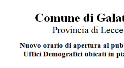 Nuovo orario di apertura al pubblico degli Uffici Demografici ubicati in piaz...