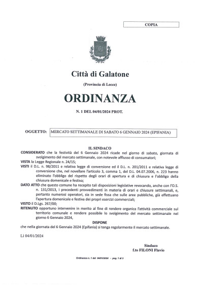 ORDINANZA SINDACALE DEL 04/01/2024